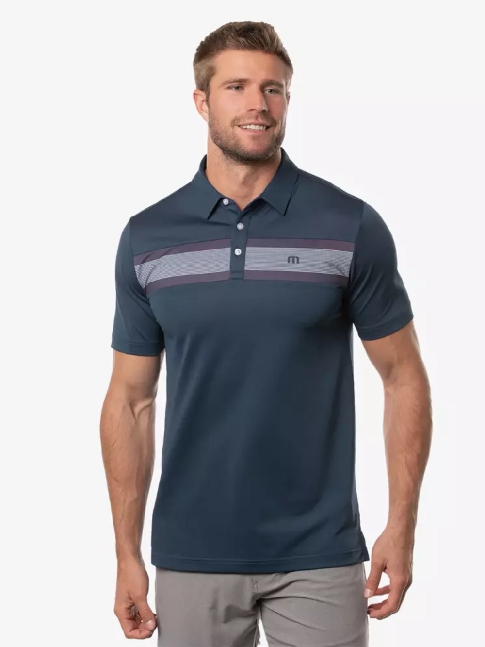 Travis Mathew Dark Navy Polo with Gray and Purple Chest Stripes